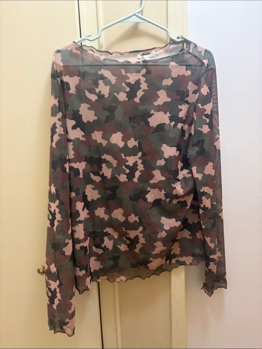 Sheer Pink & Green Camouflage Long-Sleeve Top